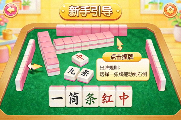 大众麻将游戏界面示意，明亮欢快的新手引导牌桌画面