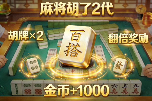 麻将胡了2代游戏界面示意，包含金色百搭牌与多重胡牌奖励特效