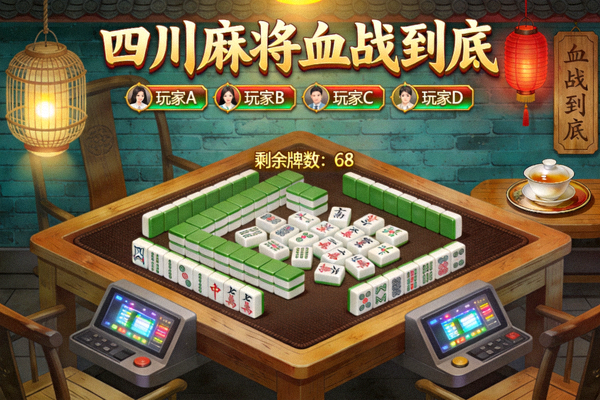 四川麻将血战到底游戏界面示意，牌桌呈成都茶馆风格装饰